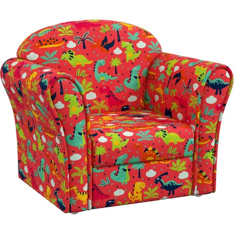 Kids Armchair with Dinosaur Design, Wooden Frame, for Bedroom, Playroom, Kids Room - Red
