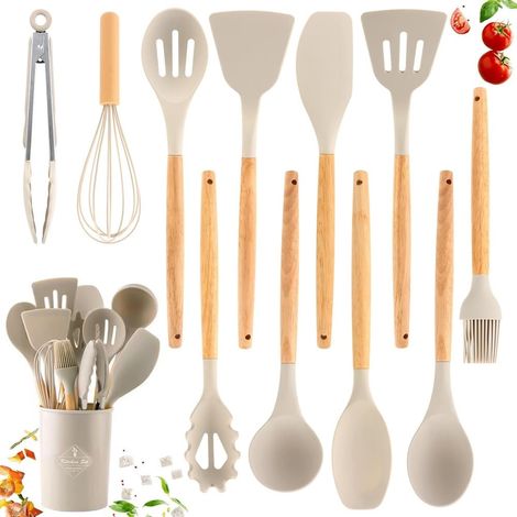 TrAdE Shop Traesio - Set 12 Attrezzi Cucina In Silicone Antiaderente Con Porta Utensili Manico In Legno - (1/5)