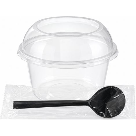 Bol jetable 450 ml, couvercle en dôme, cuillère et papier, 500 sets