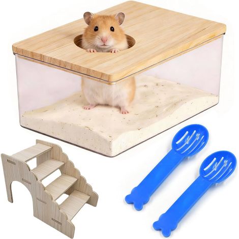 Maison De Toilette Hamster 18,5x12,5x8,5cm Salle Bain Hamster avec Échelle et Pelle, Acrylique Transparent Conteneur De Bain De Sable avec Couvercle en Bois pour Souris Hérisson Gerbilles (1/5)