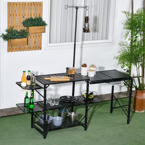Tavolo da campeggio pieghevole con lavello, portalampada e ripiani per barbecue, picnic e viaggi 173x52x80-174cm
