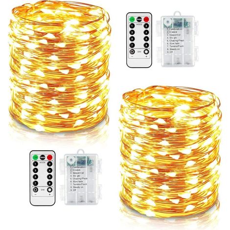 Lot de 2 Guirlandes Lumineuses LED 10 m 100 8 Modes Éclairage Extérieur Fil de Cuivre à Piles Etanche IP67 avec Télécommande et Minuterie pour Éclairage Extérieur. Intérieur. Noël et Décoration