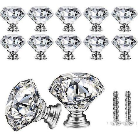 Lot de 10 poignées de meuble en verre cristal, forme diamant, 30 mm, avec vis - Quincaillerie décorative transparente pour meubles (1/5)