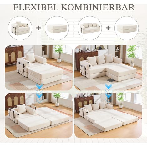 Fauteuil à compression en velours côtelé sur cadre métallique ergonomique. Rembourrage épais avec poche et coussin,modulable pour intérieur beige. (1/5)