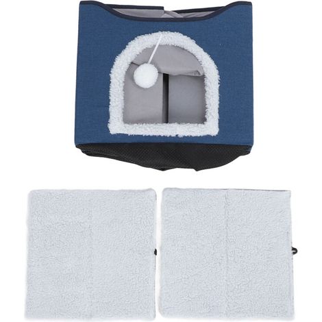 Foldable cat house, 2 layers, multifunctional kitten cave bed, soft indoor scratching post, navy blue (1/5)