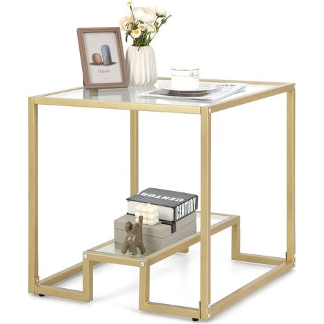 2-Tier Square Side Table Sofa End Snack Table Nightstand Tempered Glass Tabletop (1/5)