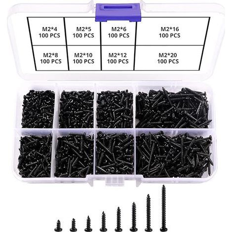 800 Pièces M2 Vis Autoperceuses à Tête Croisée, Vis Autotaraudeuse, Micro Vis à Tête Cylindrique, pour Plastique Bois Métal Mou (Vis Miniatures Noires) (1/5)