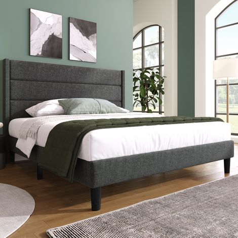 Cama tapizada con colchón 210x146x111 cm, 7 zonas H3, cabecero acolchado, somier de láminas, lino gris oscuro (1/5)