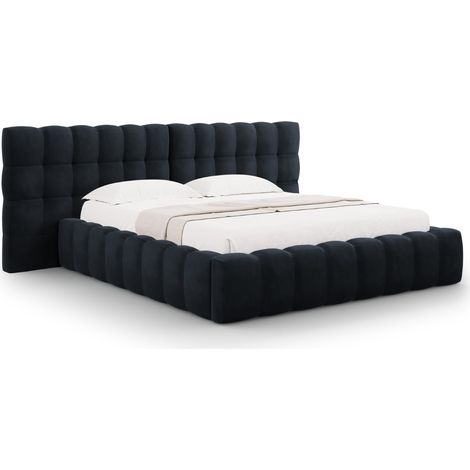Lit coffre avec tête de lit double 140x200cm velours bleu foncé (1/5)