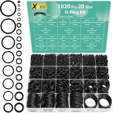 Kit de 1020 joints toriques (20 tailles) en caoutchouc nitrile pour réparation automobile, plomberie, robinetterie, étanchéité air/gaz résistant à l'huile (1/5)