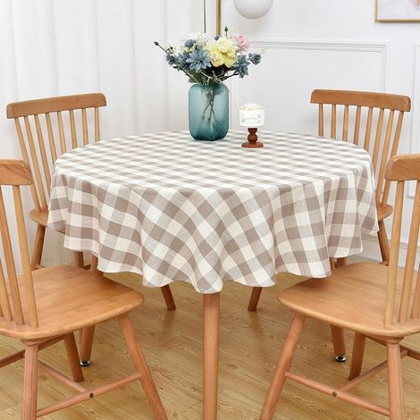 Tischdecke Rund 135cm Beige Kariert Abwaschbar Leinenoptik Baumwolle für Esstisch & Outdoor