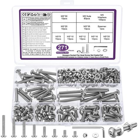 271 Pcs M5 Set di Vis et Écrous,Assortiment de Vis à Tête Creuse Hexagonale Jeu de Vis, Écrous et Rondelles à Tête Ronde à Six Pans Creux Argentés et Clés,Acier Au Carbone 10.9 (1/5)