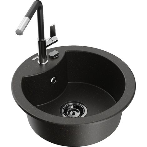 Mexen Diego fregadero de granito de 1 compartimento con grifo de cocina Flora, negro/metalizado dorado - 6512-75-670401-07-B (1/5)