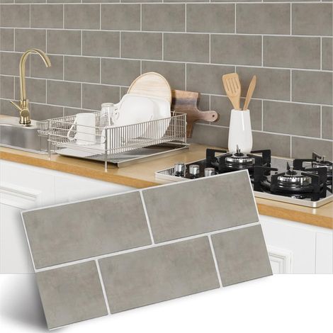 Stickers muraux imperméables motif marbre beige-gris pour cuisine, salle de bain, 8 feuilles (30 x 15 cm), imperméables, pour carrelage et salle de bain. (1/5)