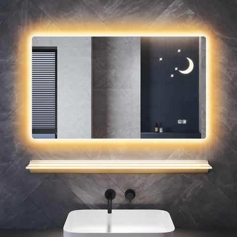 SONNI 100×60cm LED Badezimmerspiegel mit Beleuchteter Ablage, Sternen- und Mondmuster Spiegel mit 3 Einstellbare Lichtfarben und Memory-Funktion