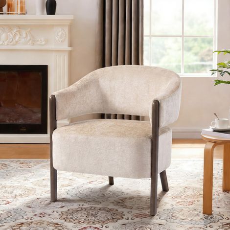 Fauteuil de Chambre en Chenille avec Cadre et Pieds en Bois Massif, Beige, Assise Confortable, Style Scandinave (1/5)