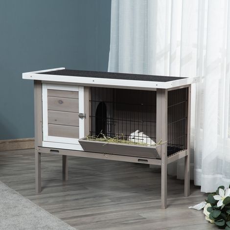 PawHut Kaninchenstall aus Holz für den Außenbereich, erhöhter Käfig für Kaninchen, Meerschweinchen und Kleintiere mit klappbarem Asphalt-Dach, Futtertrog, herausnehmbaren Schalen und 2 Türen, 91 x 46 
