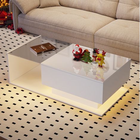 MEUBLIV Mesa de centro blanca 100x50x32 cm con LED, tablero de cristal y cajón (1/5)
