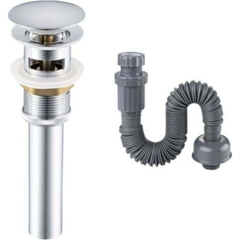 Chrome washbasin drain with automatic opening, universal plug with overflow and gutter downpipe. (1/4)
