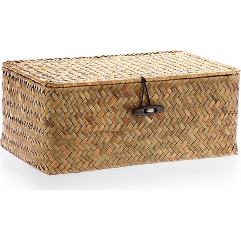 Cesta de almacenamiento de mimbre con tapa, cesta con estante, caja de almacenamiento, organizador de mesa (caramelo, 25 x 15 x 8 cm)