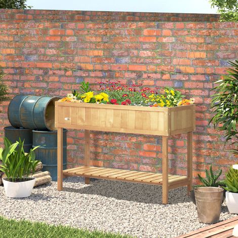 Outsunny Quadratisches Hochbeet mit Ablagen, Maße: 110 x 46 x 76 cm (L x B x H), 8 Fächer & Bewässerungseinsätze, Tannenholz