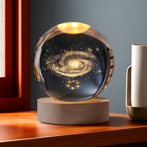 Boule de Cristal 3D Gravure Laser Interne, Veilleuse Astrale Planétaire & Animaux, Décoration de Table LED pour Cadeau d'Anniversaire,Décoration maison,Veilleuse astrale,8cm (Milky Way)
