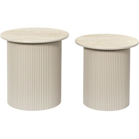 Tables gigogne plateaux aspect pierre naturelle pied central laqué beige - SHANON