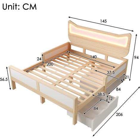 Lit enfant 140x200cm avec tête de lit oreilles chat LED RGB, sommier lattes, tiroir modulable rangement, barrières sécurité, blanc chêne