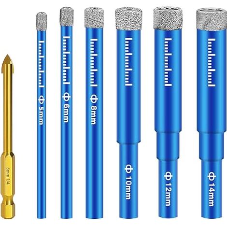 7 Pièces Foret Diamant Carrelage,Foret Diamant Gres Cerame avec 5/6/8/10/12/14 mm,Forets Metaux pour 6mm, Meche Perceuse Metal, pour Porcelaine,Céramique, Granit,Carrelage (1/5)