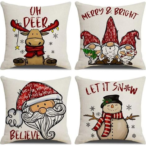 Housse de Coussin Noel 45x45cm, Lot de 4 Noël Décoratif Canapé en Coton et Lin Noël pour Canapé Lit Chambre Chaise Jardin-Rétro Noël (1/5)