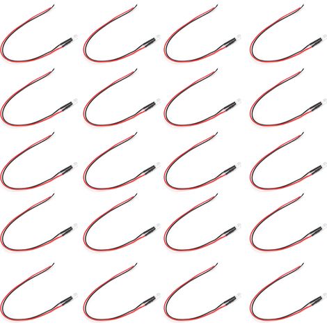 20 LED pré-câblées, diodes électroluminescentes normalement ouvertes, rondes, haute luminosité, en ligne, 12 V, 5 mm (blanc, émission rouge) (1/5)