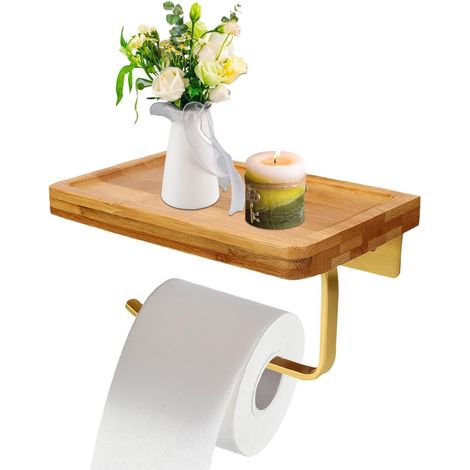 Porte Papier Toilette, Porte Papier Toilette avec Etagère en Bois,Support avec Plateau, Support Papier Toilette Mural avec Plateau Derouleur Papier Toilette Murale pour Toilettes, Salle de Bain, Doré (1/5)