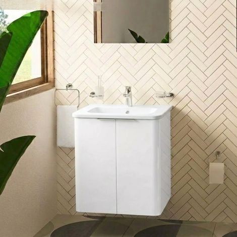 Vitra S20 Round Wall Hung 2-Door Vanity Unit and Basin 600mm Wide - High Gloss White