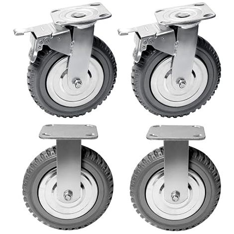 Set of 4 Heavy Duty 200 mm Plate Castors with Brake, 360 Degree Swivel, with Thread, Rubber, Load Capacity: 900 kg, (2 Fixed Wheels, 2 Brake Casters) (1/5)