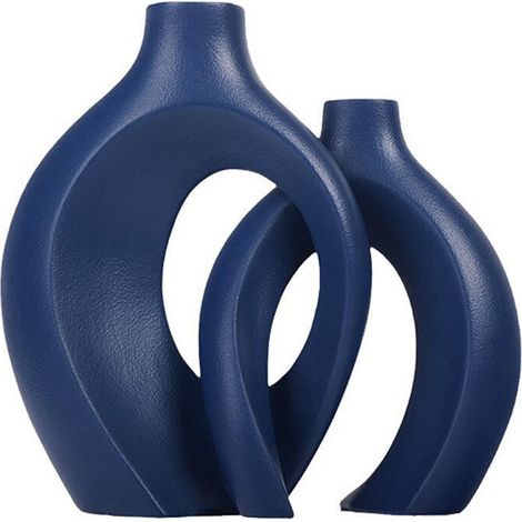 Juego de dos jarrones huecos de cerámica, de estilo bohemio nórdico moderno, ideales para la decoración de interiores (azul). (1/5)