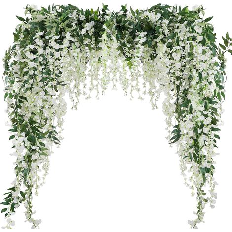 Lot de 2 guirlandes de glycines artificielles de 2 virgule 3 m Guirlande de Fleurs artificielles Soie Suspendre Mariage fête Blanc (1/4)