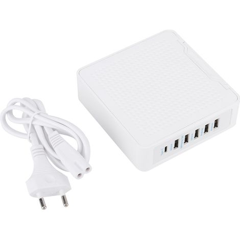 Ortviai Chargeur USB 6 ports 10 A avec support rotatif pour smartphone/tablette, blanc, ABS/PC ignifugé (1/5)