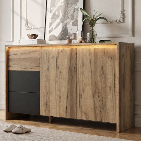 Aparador, mueble de cocina, cómoda con 3 cajones y 2 puertas, efectos de luz LED multicolor, mueble buffet para salón, comedor, recibidor, Ancho: 120 x Alto: 76 x Profundidad: 40 cm, color madera y ne