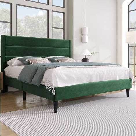 Lit rembourré 140 x 200 cm avec cadre à lattes et tête de lit, velours vert foncé (1/5)