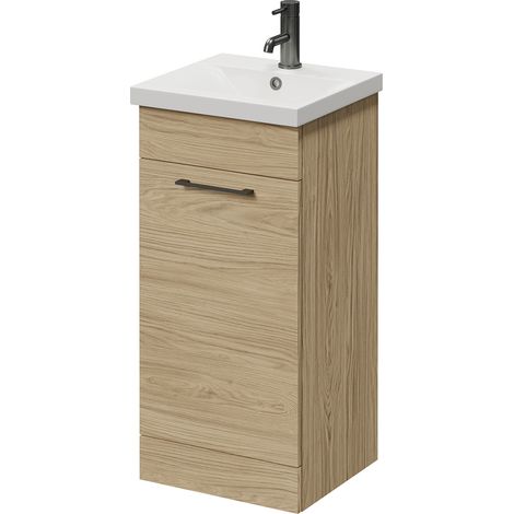 Napoli 390 Light Oak 400mm Single Door Vanity Unit with Glide Basin - 400mm - Gunmetal Grey 160mm Handle