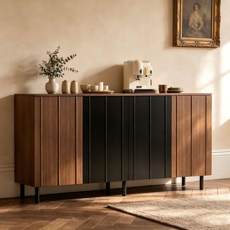 Buffet de cuisine en panneaux de particules, finition noyer et noir, dimensions 160 × 35 × 80 cm, grande capacité pour la salle à manger, meuble d'appoint à 4 portes, buffet compartimenté, grand meubl (1/5)