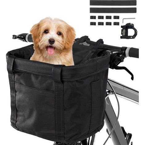 Cesta para bicicleta，cesta desmontable para manillar，cesta de transporte delantera de lona，mascotas pequeñas (negra) (1/2)