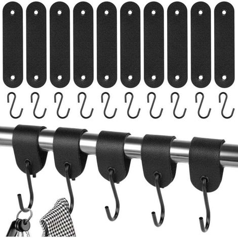 Lot de 10 crochets avec boucle en cuir - Pour tringle à vêtements - En acier inoxydable - Noir - 12,5 x 3 cm - Pour garde-robe et camping - Noir (1/4)