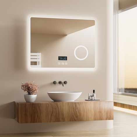 Heilmetz – Miroir lumineux de salle de bain 80x60cm – Éclairage LED tricolore – Antibuée automatique – Bluetooth 4.1 – Loupe 3x intégrée (1/5)