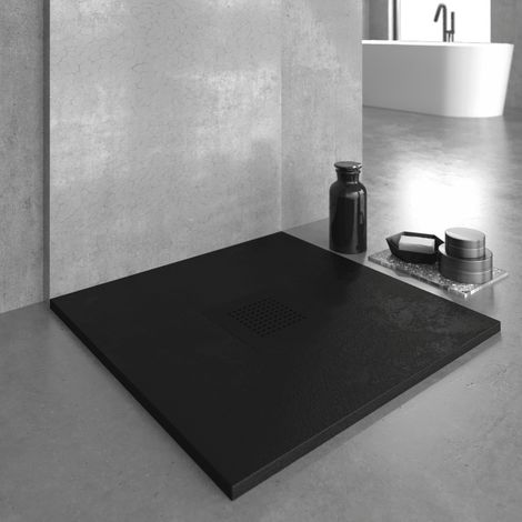 Mineralguss-Duschwanne extra flach SLATE Schieferoptik Schwarz 70x80 cm Auslaufschutz in Farbe (1/4)