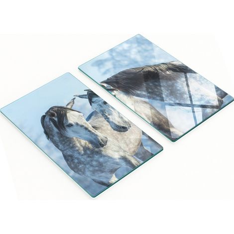 Tablas de cortar decorativas de vidrio templado con dise帽o de caballos de invierno grises, 2x30x52 cm.