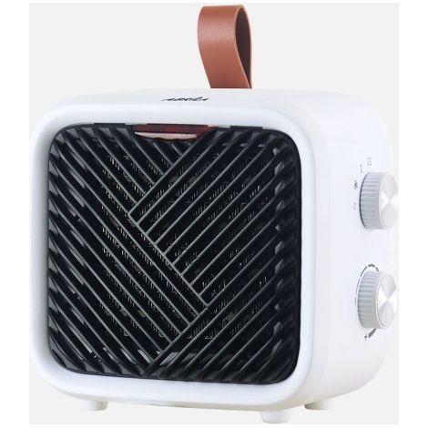 Fabrilamp Termoventilador Cerámico PTC DRISANA 1500W Blanco – 3 Funciones, 2 Potencias, Termostato, Triple Seguridad, Asa de Cuero, Estilo Radio Vintage – 15x16,5x11,5 cm