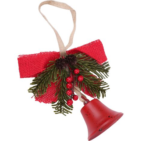 Cloche de Noël suspendue, décoration vintage avec nœud, pomme de pin et baies rouges pour la maison (1/5)