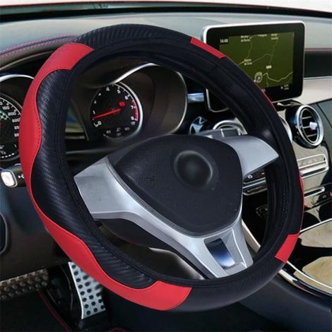 Coprivolante per auto, in pelle microfibra, colore nero/rosso, materiale PU traspirante, antiscivolo universale (37-39 cm). (1/4)