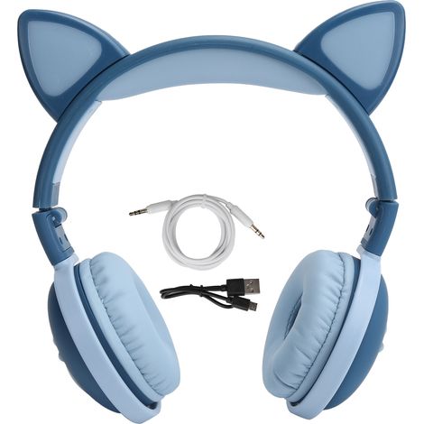 Casque Bluetooth Sportif avec Oreilles de Chat Lumineuses, Pliable et Sans Fil (Bleu Foncé) (1/5)